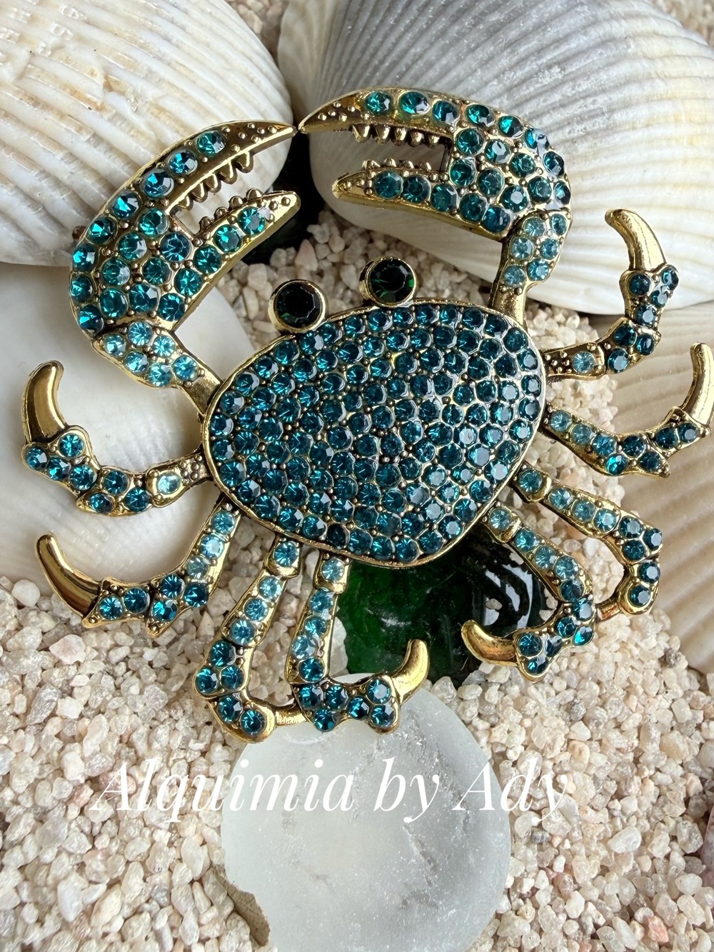 Big Teal Crystal Crab Brooch